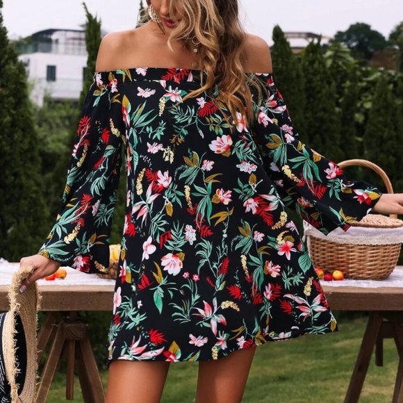 Off Shoulder Dress Tropical Print - Picture 2 of 6